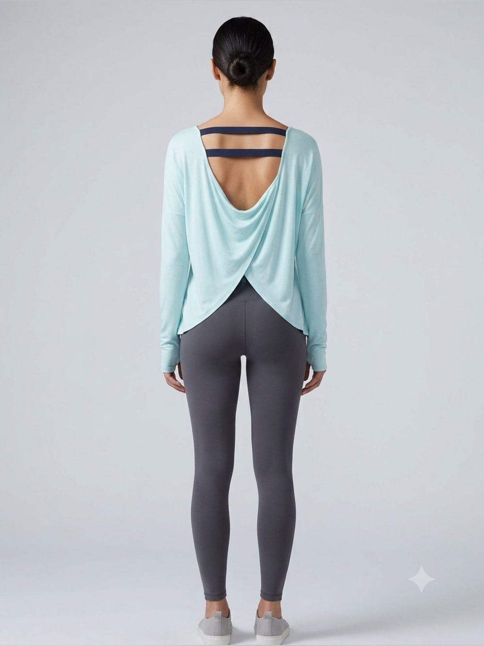Women’s Champion Aqua Long Sleeve Draped Open-Back Athletic Top, Size XS